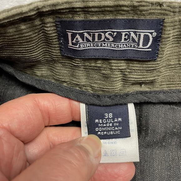 Vtg Lands End Corduroy Pants Mens 38R Olive Green 100% Cotton Pleated Cuffed - Picture 3 of 11